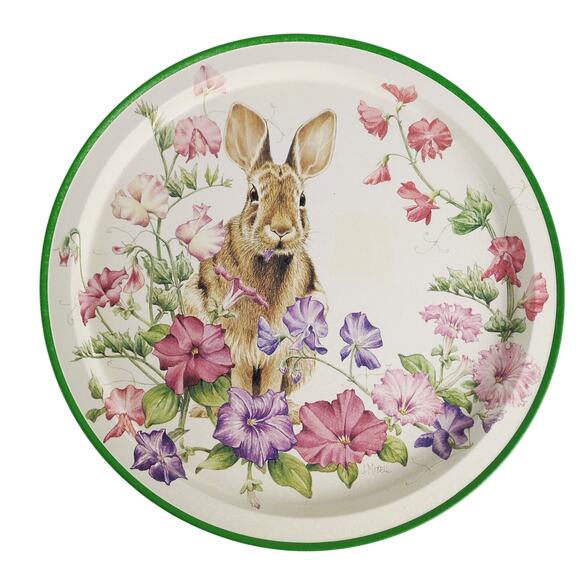 Vintage Judy Mizell Potpourri Petunia's Garden Rabbit Tin Serving 13" Round Tray - Picture 1 of 6